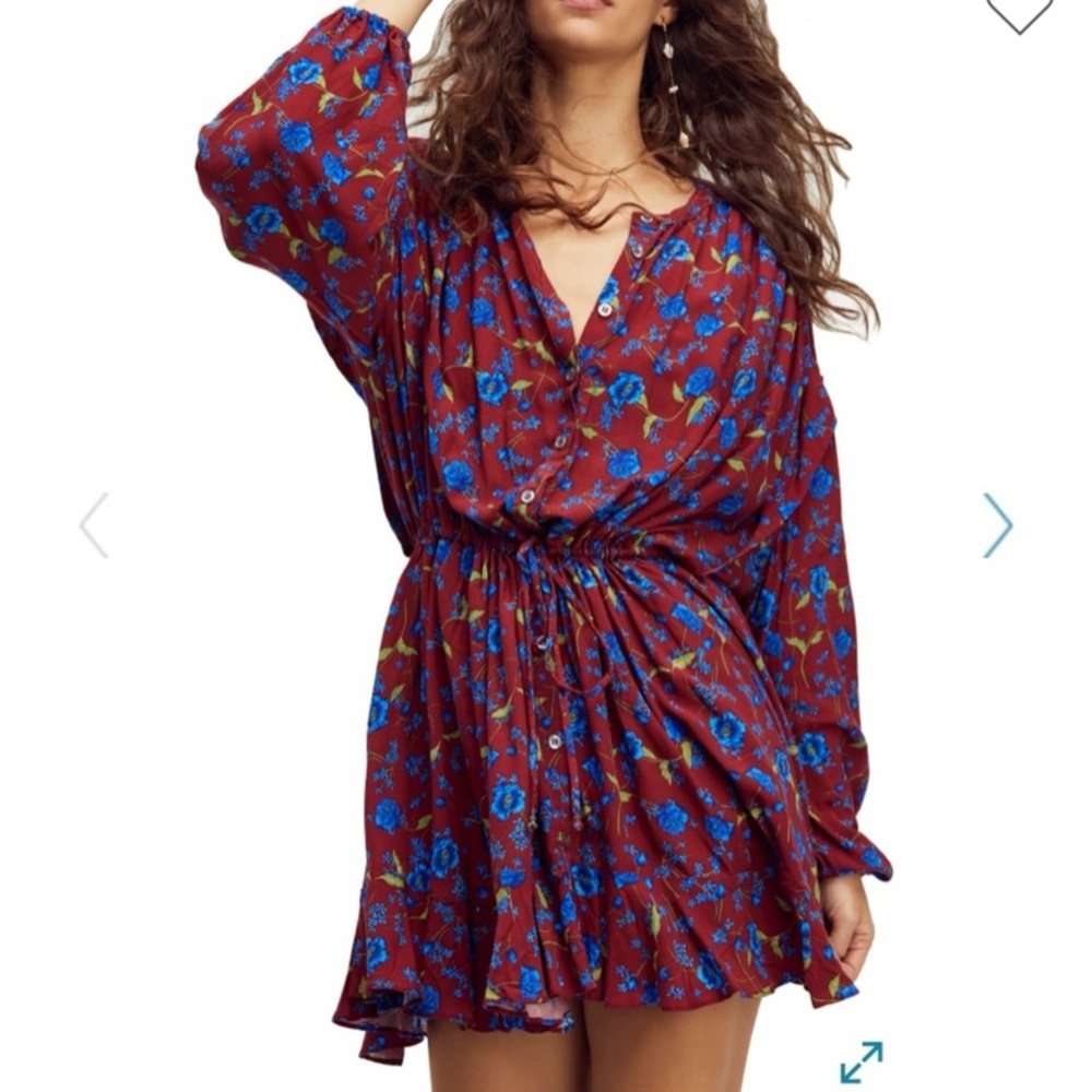 (New with Tags) Free People Flower Fields Mini Dress in Burgundy Combo (Small)